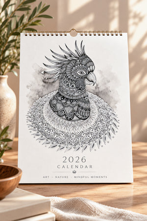 Mockup of a calendar with ornamental bird meditative drawing