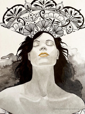 Existence, mindful art in Indian ink and watercolour on Bristol paper by María Vallverdu