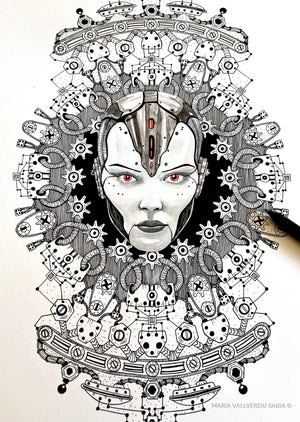 Ghost in The Code, handmade mindful art in ink and watercolour by María Vallverdu, inspired by AI