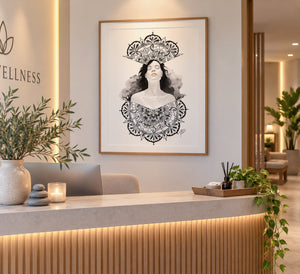 Reception desk with ornamental mandala art, plants and warm lighting