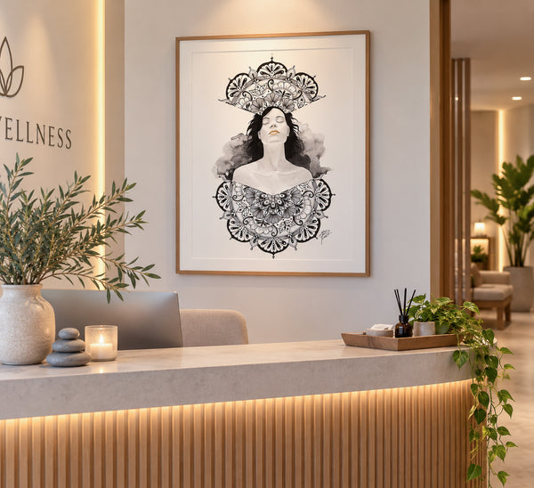 Reception desk with ornamental mandala art, plants and warm lighting
