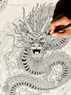 Released, mindful art in fineliner on Bristol paper by María Vallverdu, about creative freedom, hand of the artist in the process of drawing