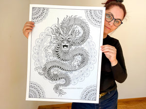 Released, mindful art in fineliner on Bristol paper by María Vallverdu, about creative freedom, artist standing, holding the artpiece