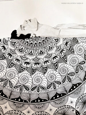 Close caption of The Depth Within, fractal mindful art in fineliner and watercolour by María Vallverdu