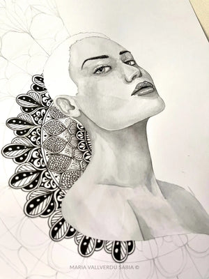 There Is No Spoon, mindful mandala art in Indian ink and watercolour by María Vallverdu